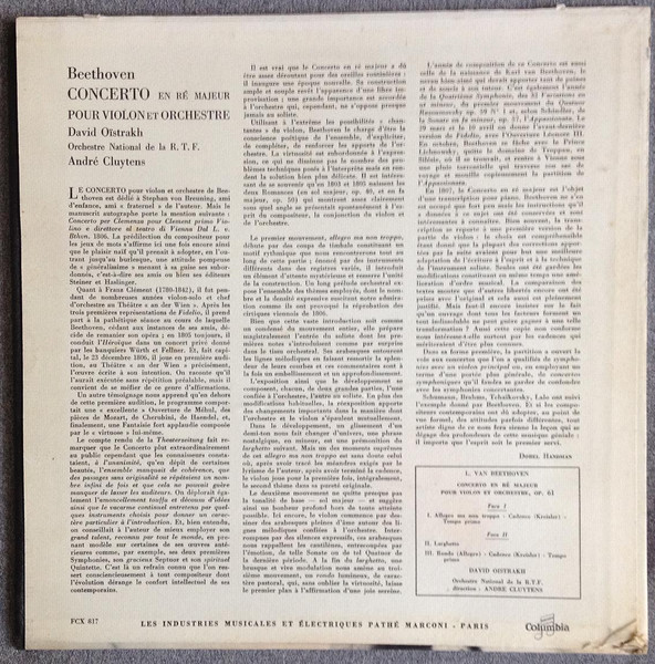 Ludwig Van Beethoven - David Oistrach , Orchestre National De France , André Cluytens - Concerto En Ré Majeur Pour Violon Et Orchestre | Columbia (FCX 817) - 2 Ludwig Van Beethoven - David Oistrach , Orchestre National De France , André Cluytens - Concerto En Ré Majeur Pour Violon Et Orchestre | Columbia (FCX 817) - 2