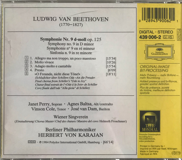 Ludwig van Beethoven , Janet Perry , Agnes Baltsa , Vinson Cole , José van Dam , Wiener Singverein , Berliner Philharmoniker , Herbert von Karajan - Symphonie No. 9 | Deutsche Grammophon (439 006-2) - 2