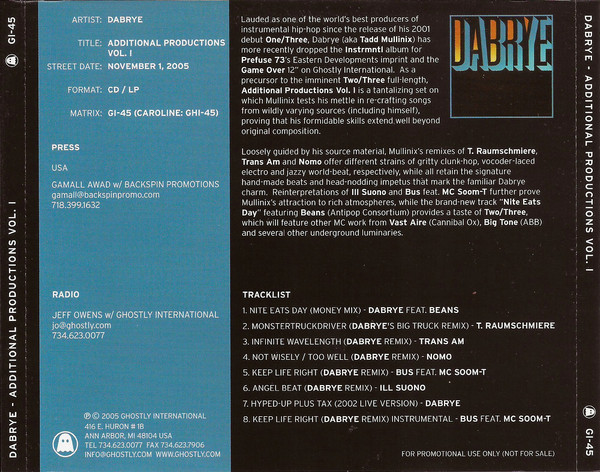 Dabrye - Additional Productions Vol. 1 | Ghostly International (GI-45) - 2