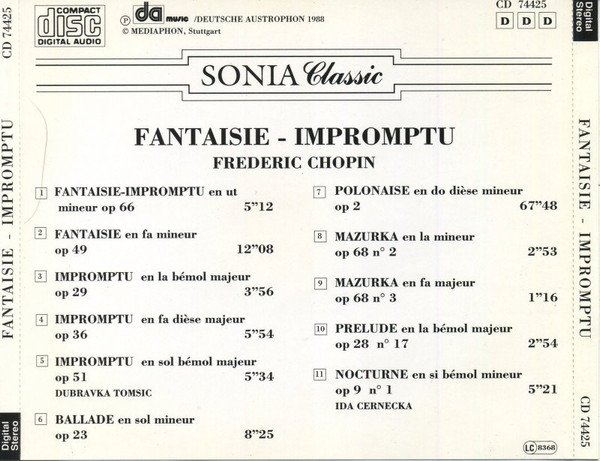 Frédéric Chopin , Dubravka Tomsic , Ida Černecká - Fantasie - Impromptu | Sonia Classic (CD 74425) - 2