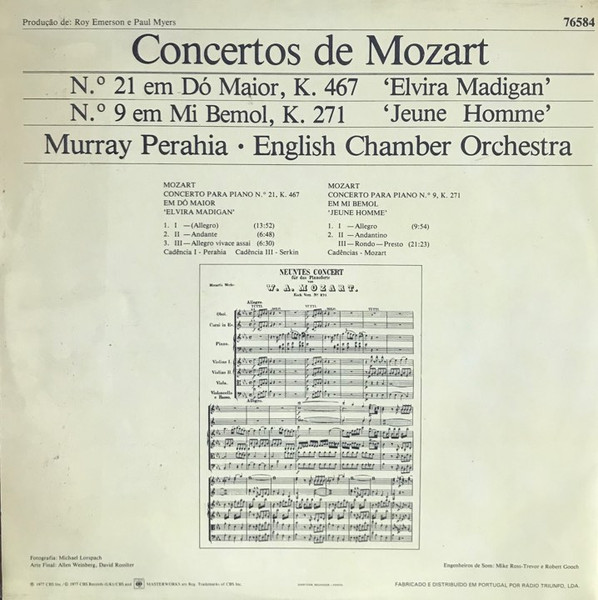Murray Perahia , Wolfgang Amadeus Mozart , English Chamber Orchestra - Mozart Concerti, No. 21, K. 467, C Major, No. 9, K.271 E Flat | CBS (76584) - 2