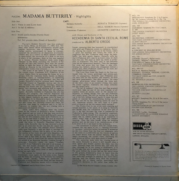 Giacomo Puccini / Renata Tebaldi , Nell Rankin , Giuseppe Campora , Orchestra dell'Accademia Nazionale di Santa Cecilia , Alberto Erede , Coro dell'Accademia Nazionale di Santa Cecilia - Highlights From Madama Butterfly | Ace Of Clubs (ACL 130) - 2