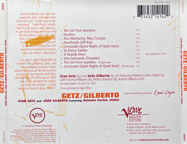 Stan Getz And João Gilberto Featuring Antonio Carlos Jobim - Getz / Gilberto [CD] | Verve Records (3145214142) - 2