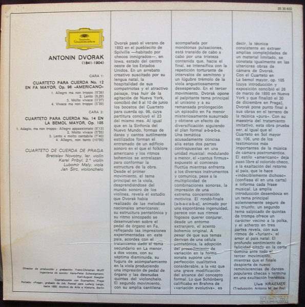 Antonín Dvořák , Prague String Quartet - Cuarteto En Fa Mayor Op.96 <<Americano>> - Cuarteto En La Bemol Mayor Op.115 | Deutsche Grammophon (2530 632) - 2