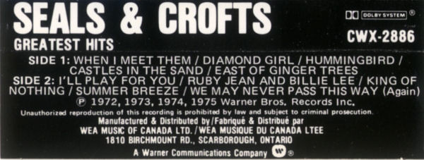 Seals & Crofts - Greatest Hits | Warner Bros. Records (CWX-2886) - 2 Seals & Crofts - Greatest Hits | Warner Bros. Records (CWX-2886) - 2