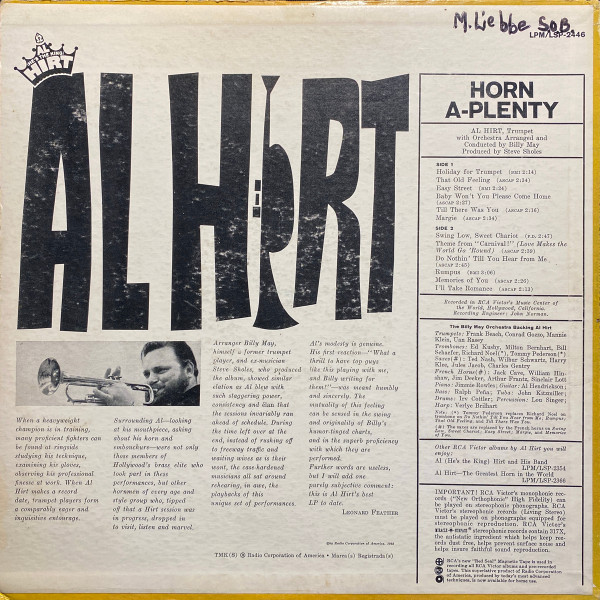 Al Hirt With Orchestra Arranged And Conducted By Billy May - Horn A-Plenty | RCA Victor (LPM-2446) - 2