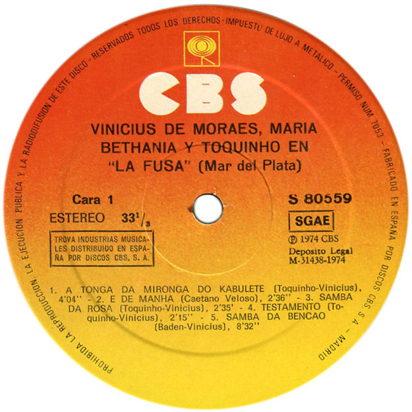 Vinicius De Moraes / Maria Bethânia Y Toquinho - En La Fusa | CBS (S80559) - 2