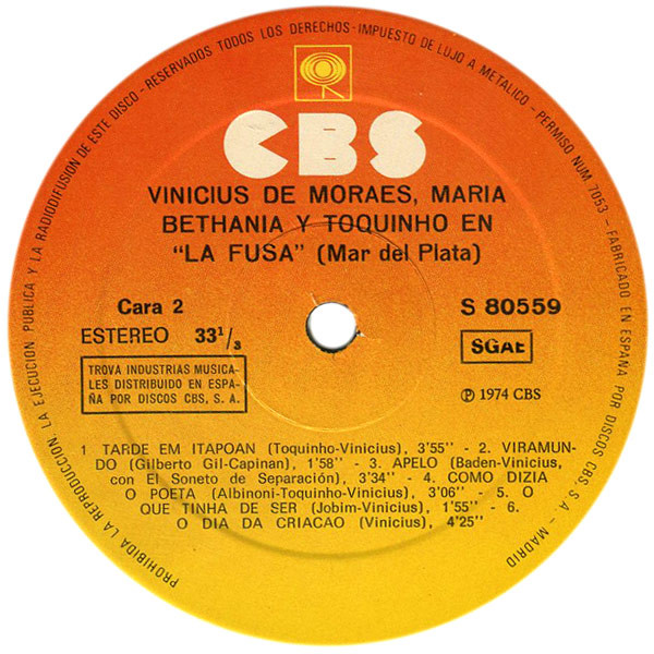 Vinicius De Moraes / Maria Bethânia Y Toquinho - En La Fusa | CBS (S80559) - 3