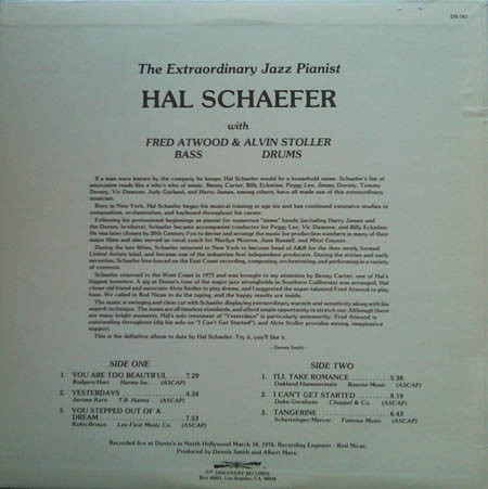 Hal Schaefer With Fred Atwood And Alvin Stoller - The Extraordinary Jazz Pianist | Discovery Records (DS-781) - 2