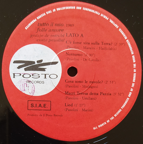 Grazia De Marchi Canta Pier Paolo Pasolini - Tutto Il Mio Folle Amore | Posto Records (JPR 1113) - 4 Grazia De Marchi Canta Pier Paolo Pasolini - Tutto Il Mio Folle Amore | Posto Records (JPR 1113) - 4