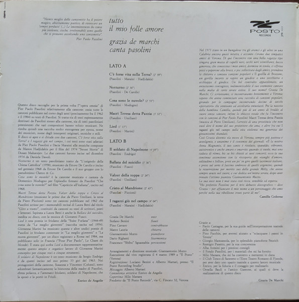 Grazia De Marchi Canta Pier Paolo Pasolini - Tutto Il Mio Folle Amore | Posto Records (JPR 1113) - 2 Grazia De Marchi Canta Pier Paolo Pasolini - Tutto Il Mio Folle Amore | Posto Records (JPR 1113) - 2