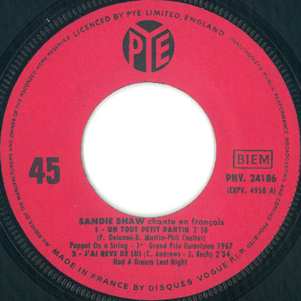 Sandie Shaw - Sandie Shaw Chante En Français Un Tout Petit Pantin = Puppet On A String | Pye Records (PNV 24186) - 2