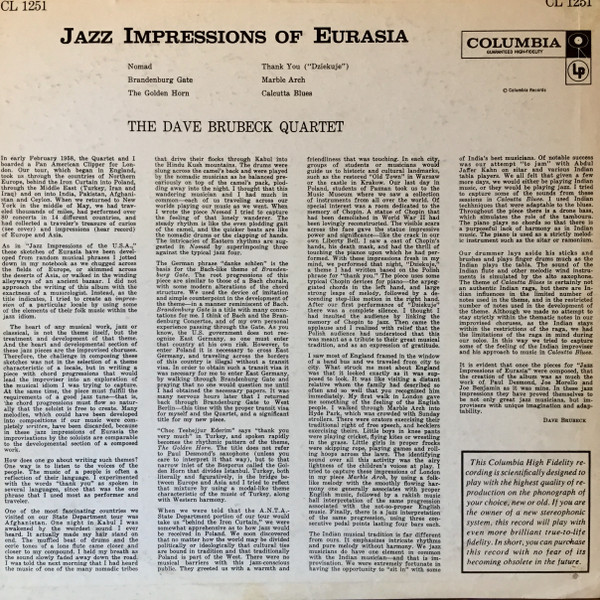 The Dave Brubeck Quartet - Jazz Impressions Of Eurasia | Columbia (CL 1251) - 2