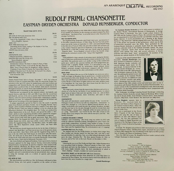 The Eastman-Dryden Orchestra , Donald Hunsberger , Teresa Ringholz , Rudolf Friml - Chansonette | Arabesque Recordings (ABQ 6562) - 2 The Eastman-Dryden Orchestra , Donald Hunsberger , Teresa Ringholz , Rudolf Friml - Chansonette | Arabesque Recordings (ABQ 6562) - 2