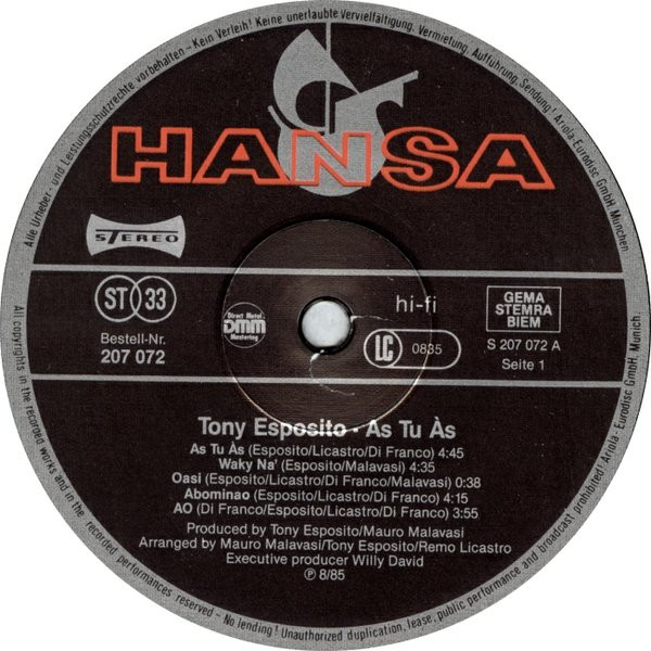Tony Esposito - As Tu Às | Hansa (207 072) - 3 Tony Esposito - As Tu Às | Hansa (207 072) - 3
