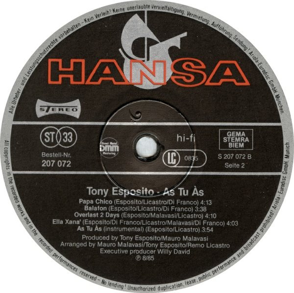Tony Esposito - As Tu Às | Hansa (207 072) - 4 Tony Esposito - As Tu Às | Hansa (207 072) - 4