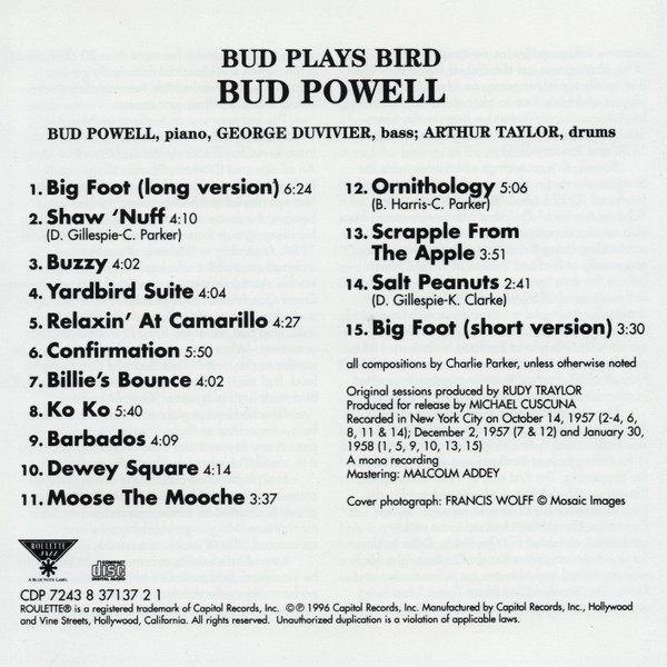 Bud Powell - Bud Plays Bird | Capitol Records (CDP 7243 8 37137 2 1) - 3