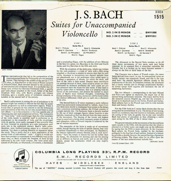 Janos Starker , Johann Sebastian Bach - Suites For Unaccompanied Cello - No. 2 In D Minor / No. 5 In C Minor | Columbia (33CX 1515) - 4