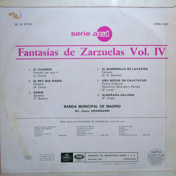 Banda Municipal De Madrid , Dir. Jesus Arambarri - Fantasias De Zarzuelas. Vol. IV | Regal (LREG 8041) - 2 Banda Municipal De Madrid , Dir. Jesus Arambarri - Fantasias De Zarzuelas. Vol. IV | Regal (LREG 8041) - 2