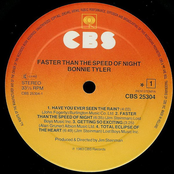 Bonnie Tyler - Faster Than The Speed Of Night | CBS (CBS 25304) - 3 Bonnie Tyler - Faster Than The Speed Of Night | CBS (CBS 25304) - 3