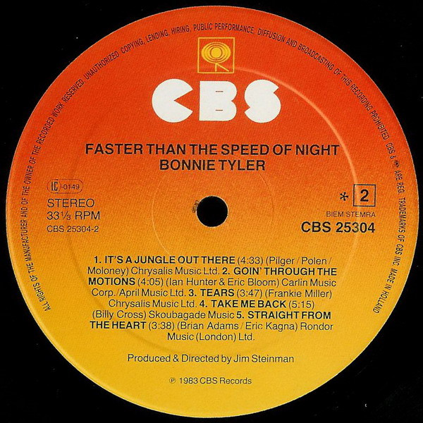 Bonnie Tyler - Faster Than The Speed Of Night | CBS (CBS 25304) - 4 Bonnie Tyler - Faster Than The Speed Of Night | CBS (CBS 25304) - 4