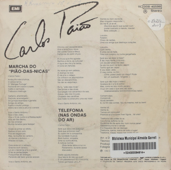 Carlos Paião - Marcha Do Pião-Das-Nicas | EMI (11C 008-40598) - 2