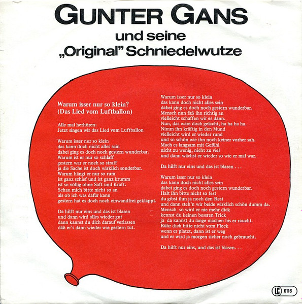 Gunter Gans Und Seine "Original" Schniedelwutze - Warum Isser Nur So Klein? (Das Lied Vom Luftballon) | Ariola (103 760) - 2