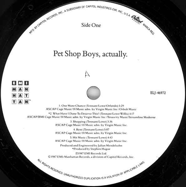 Pet Shop Boys - Actually / Always On My Mind | EMI-Manhattan Records (E1-90263) - 3 Pet Shop Boys - Actually / Always On My Mind | EMI-Manhattan Records (E1-90263) - 3