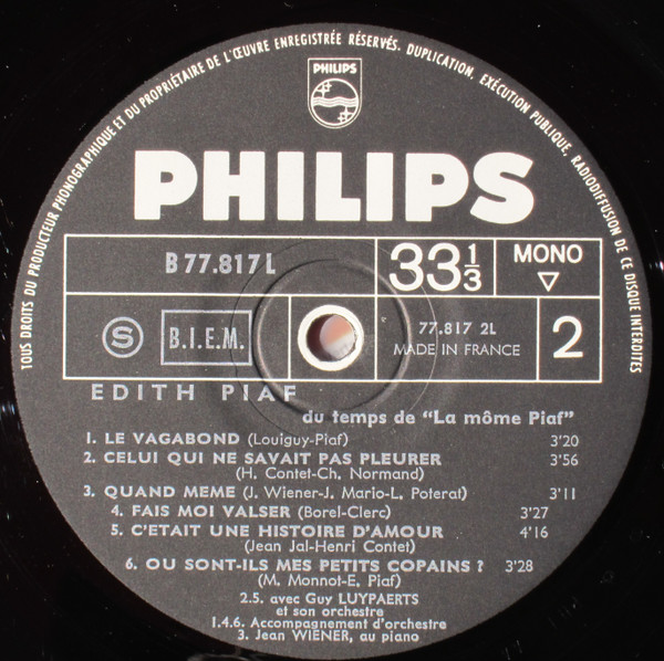 Edith Piaf - Du Temps De La Môme Piaf | Philips (B 77.817 L) - 4 Edith Piaf - Du Temps De La Môme Piaf | Philips (B 77.817 L) - 4