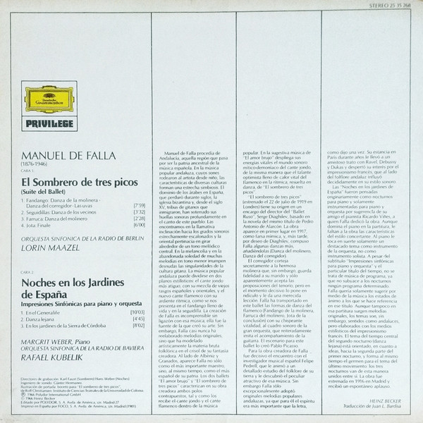 Manuel De Falla / Lorin Maazel , Margrit Weber , Rafael Kubelik - El Sombrero De Tres Picos: Danzas - Noches En Los Jardines De España | Deutsche Grammophon (2535 268) - 2
