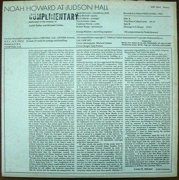 Noah Howard - At Judson Hall [Vinyl] | ESP-Disk' (ESP 1064) - 2