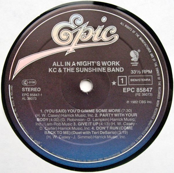 KC & The Sunshine Band - All In A Night's Work | Epic (EPC 85847) - 3 KC & The Sunshine Band - All In A Night's Work | Epic (EPC 85847) - 3