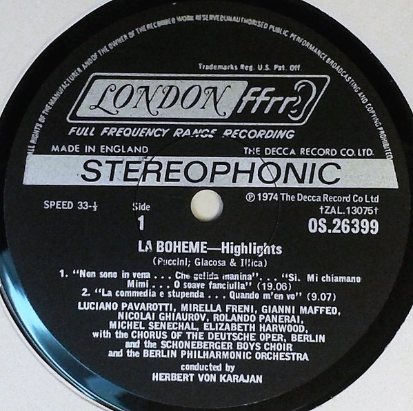 Giacomo Puccini , Luciano Pavarotti , Mirella Freni , Nicolai Ghiaurov , Elizabeth Harwood , Rolando Panerai , Gianni Maffeo , Berliner Philharmoniker , Herbert von Karajan - La Bohème Highlights | London Records (OS26399) - 3