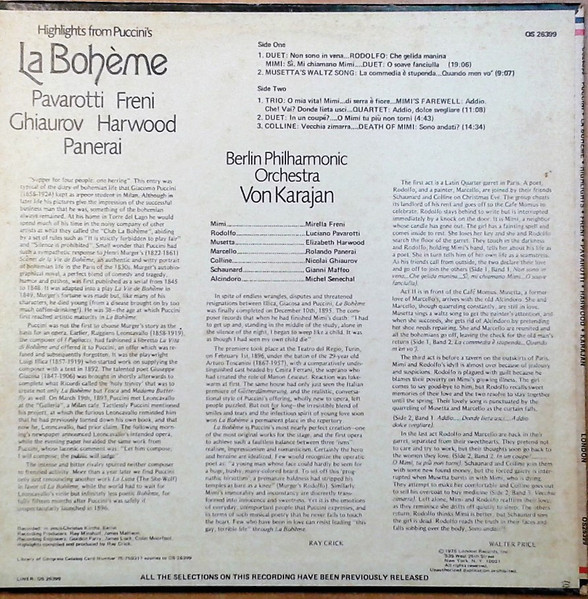 Giacomo Puccini , Luciano Pavarotti , Mirella Freni , Nicolai Ghiaurov , Elizabeth Harwood , Rolando Panerai , Gianni Maffeo , Berliner Philharmoniker , Herbert von Karajan - La Bohème Highlights | London Records (OS26399) - 2