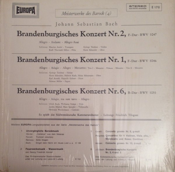 Johann Sebastian Bach , Ulrich Koch , György Terebesi , Maurice André , Friedrich Tilegant , Südwestdeutsches Kammerorchester - Brandenburgische Konzerte 1, 2, 6 | Europa (E 170) - 2