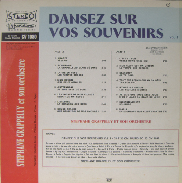 Stephane Grappelly Et Son Orchestre - Dansez Sur Vos Souvenirs Vol. 1 | Musidisc (30 CV 1080) - 2 Stephane Grappelly Et Son Orchestre - Dansez Sur Vos Souvenirs Vol. 1 | Musidisc (30 CV 1080) - 2