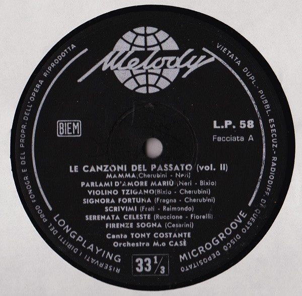 Orchestra Umberto Casè Canta Tony Costante - Le Canzoni Del Passato Volume II | Melody (L.P. 58) - 3