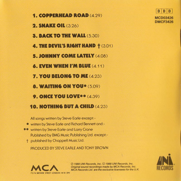 Steve Earle - Copperhead Road | MCA Records (MCD03426) - 4