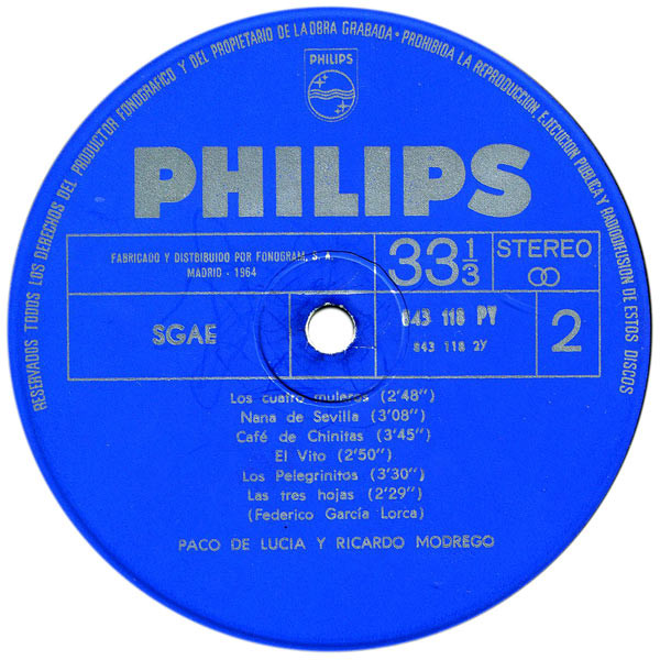 Paco De Lucía Y Ricardo Modrego - 12 Canciones De García Lorca Para 2 Guitarras En Stereo | Philips (843 118 PY) - 3 Paco De Lucía Y Ricardo Modrego - 12 Canciones De García Lorca Para 2 Guitarras En Stereo | Philips (843 118 PY) - 3