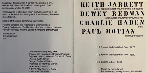 Keith Jarrett - Eyes Of The Heart | ECM Records (ECM 1150) - 3