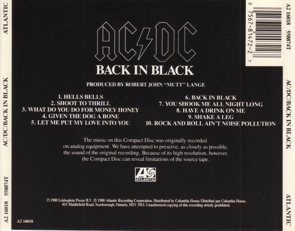 AC/DC - Back In Black [CD] | Atlantic (A2 16018) - 3