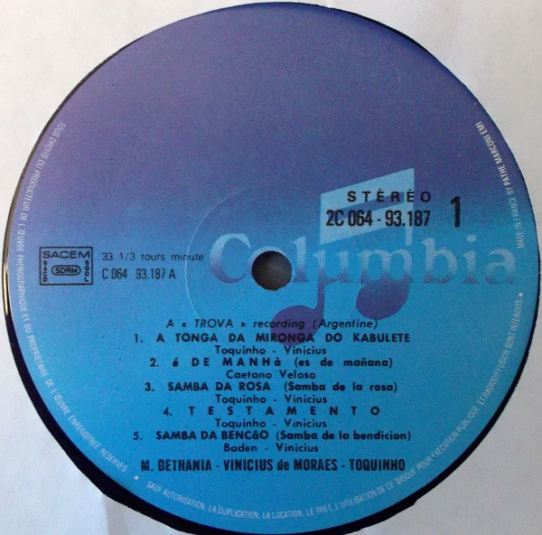Maria Bethânia / Vinicius De Moraes / Toquinho - Vinicius + Bethania + Toquinho | Columbia (2C 064 93187) - 3