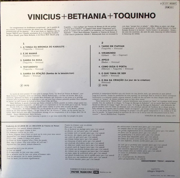 Maria Bethânia / Vinicius De Moraes / Toquinho - Vinicius + Bethania + Toquinho | Columbia (2C 064 93187) - 2