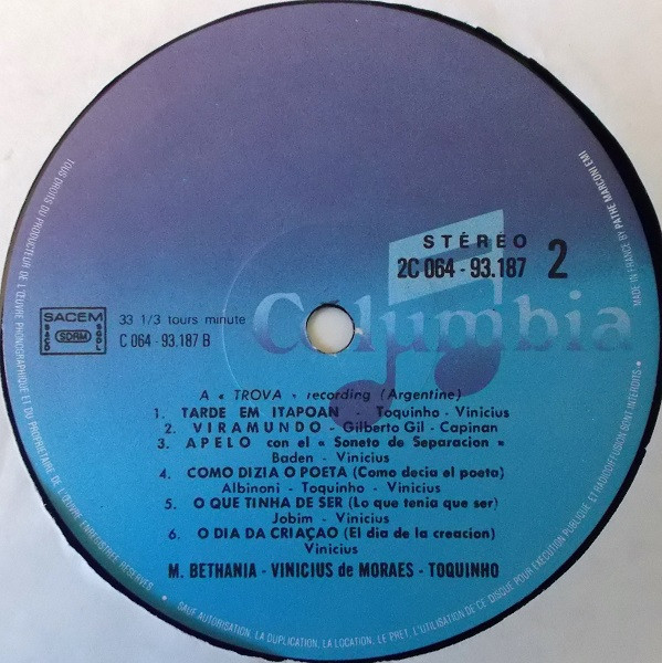 Maria Bethânia / Vinicius De Moraes / Toquinho - Vinicius + Bethania + Toquinho | Columbia (2C 064 93187) - 4