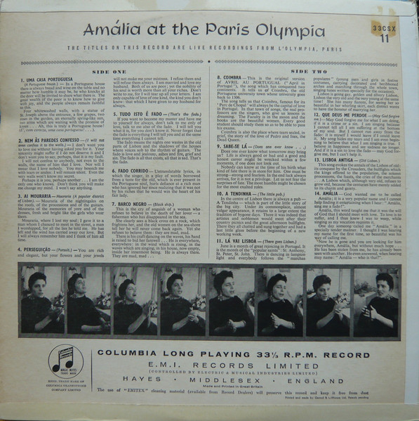 Amália Rodrigues - Amalia At The Paris Olympia | Columbia (33CSX 11) - 2