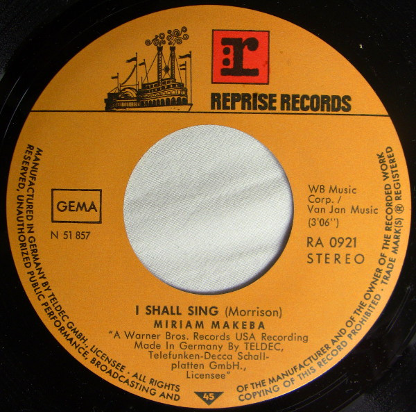 Miriam Makeba - I Shall Sing / Brand New Day | Reprise Records (RA 0921) - 2