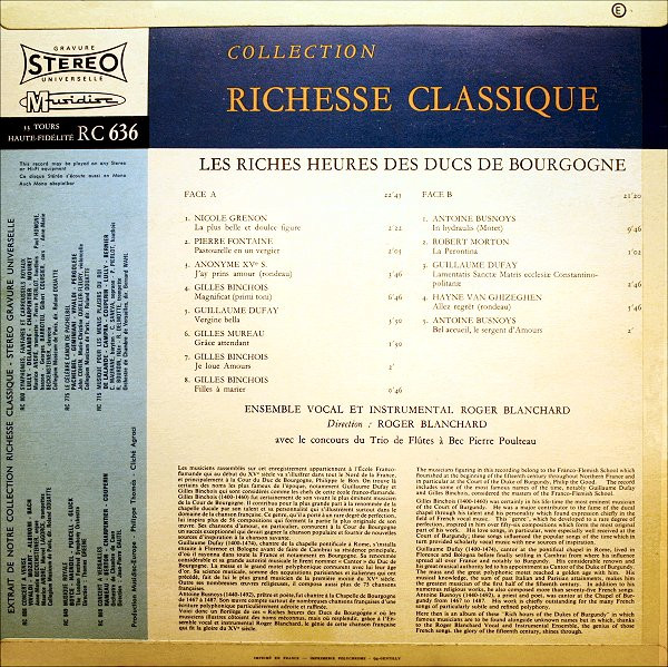 Ensemble Vocal Roger Blanchard - Les Riches Heures Des Ducs De Bourgogne | Musidisc (30 RC 636) - 2