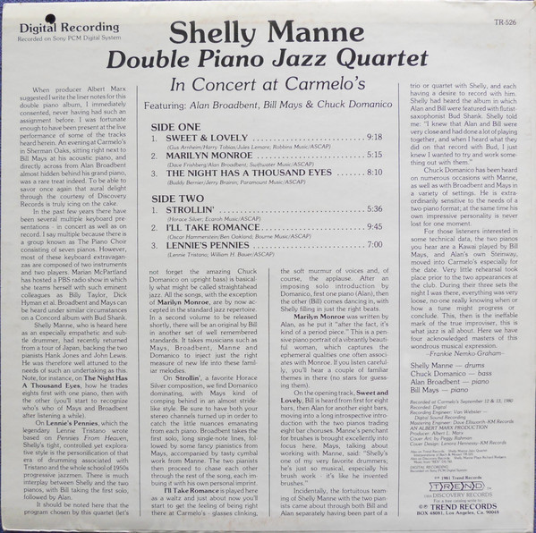 Shelly Manne - Double Piano Jazz Quartet In Concert At Carmelo's [Vinyl] | Trend (TR-526) - 2