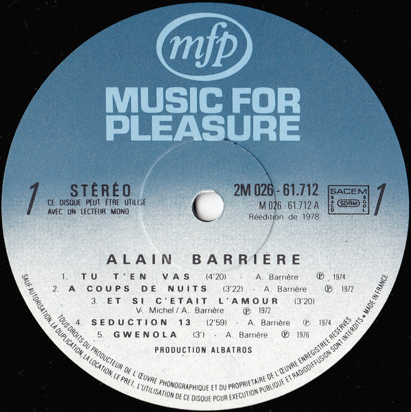 Alain Barrière - Tu T'En Vas ... | Music For Pleasure (2 M 026-61712) - 3