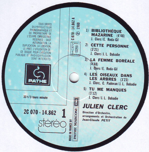 Julien Clerc - Clerc Julien (Quand Je Joue) | Pathé (2C 070-14862) - 2